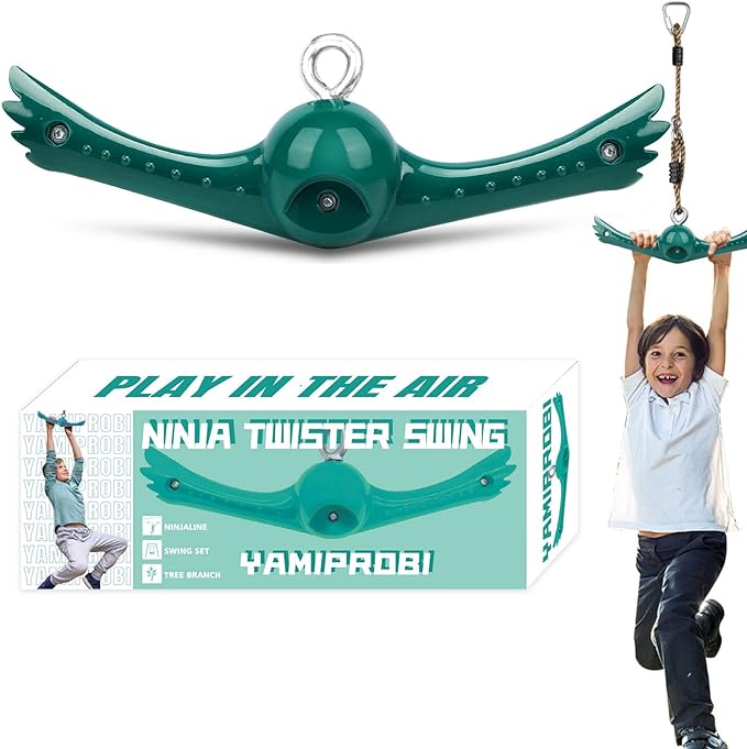 Swing Spins Set: 360° Handle Twist-Spin Flips Toy - Slackline Attachments Activate Play Powers - Accessories for Kids' Playground and Backyard Fun, Green