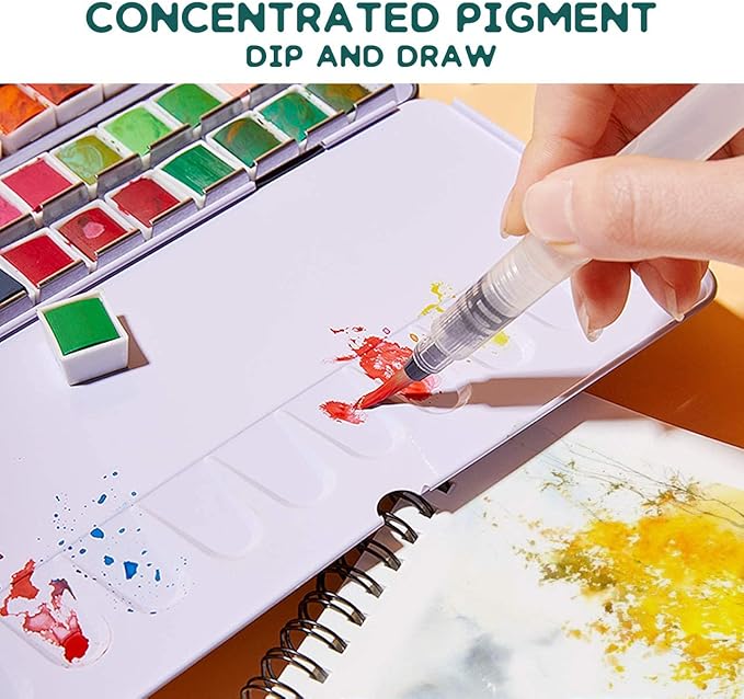 Watercolor Paint set, 24 Colors Premium Solid Watercolor Half Pans in Tin Box, 1 refillable Water Brush Pen, Art Pigment Kit Perfect for Artists Students Kids Beginners and Art Lovers