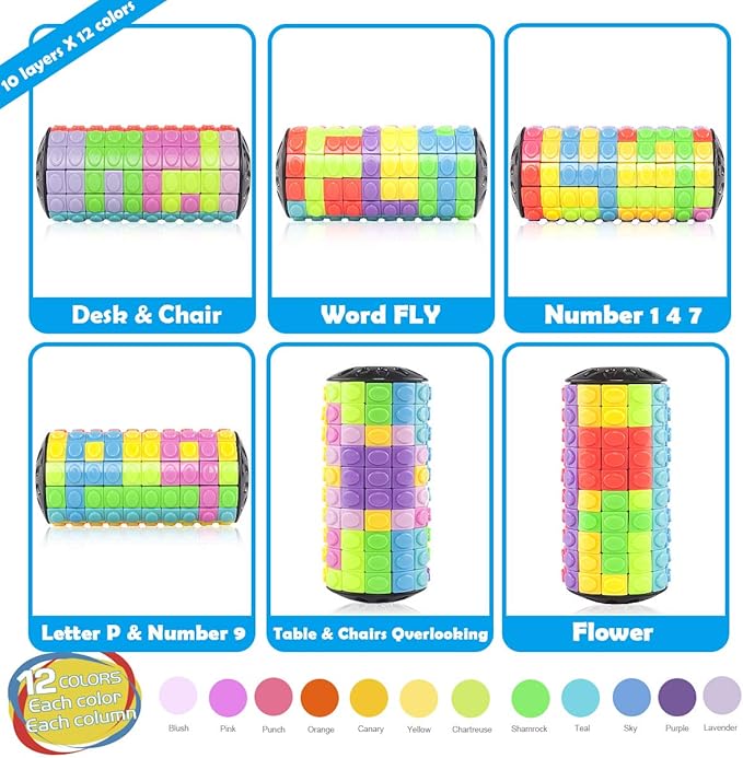 R.Y.TOYS Rotate and Slide Puzzle-Design Patent,Fidget Toys(Restore Order/Create Patterns) 12 Colors,10 Layers-Open Cover for Quick Play,Brain Teaser,Sensory Toys,Birthday Gifts,Easter Basket Stuffers