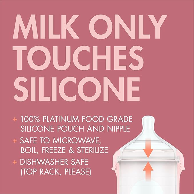 Boon Nursh Reusable Silicone Pouch Baby Bottles - Medium Flow Nipple - Silicone Baby Bottle Pouch and Nipple - Baby Feeding Essentials - Pink - 3-6 Months - 3 Count - 8 Ounce