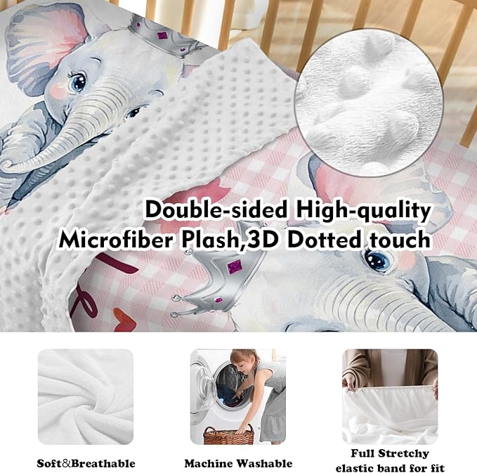 Personalized Nursery Crib Bedding Set: Custom Name Pink Checkered 5 Piece Baby Crib Sets with Cute Elephant Pattern - Toddler Double Layer Blanket Set, Comfortable Crib Bed Sheets for Baby Grils