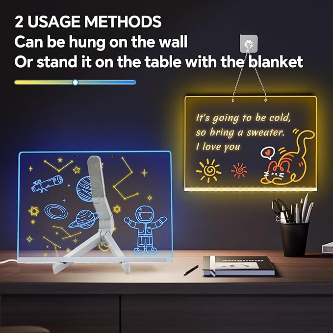 Led Drawing Board, Acrylic Dry Erase Board with Bracket, 15.7" X 11.8" Glow Writing Board, Led Note Board Comes with 7 Drawing Pens and 5 Cartoon Doodle Paper for Office School Home