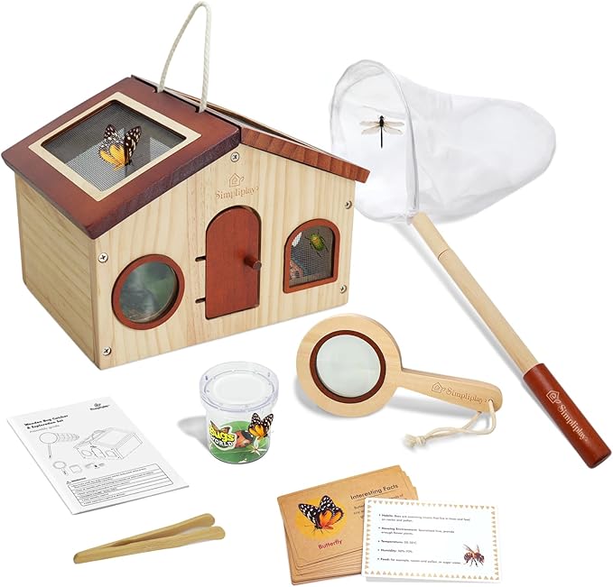 Kids Explorer Kit & Bug Catcher for Kids, Outdoor Toys with Large Portable Wooden Bug Habitat, Butterfly Net, Magnifier, Observation Cup, 15 Insect Cards for Toddler 3-8 Year Old Boy Gift