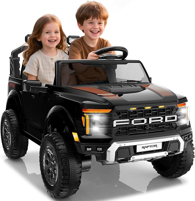 24V Ride on Car Licensed Ford F-150 Raptor, Kids Electric Car with Remote Control, LED Light/Music/MP3, Truck Bed Storage, 3-Point Seat Belt (24V, Black)