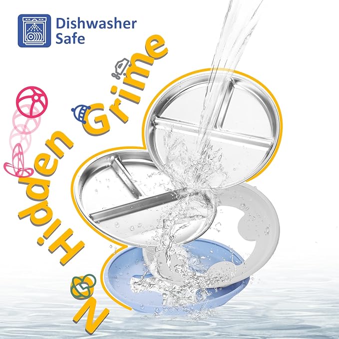 Stainless Steel Suction Plates for Toddlers, 9" Divided Kids Baby Plates with Removable Silicone Suction, Non Toxic Non Slip Portion Control Snack Dishes 3 Packs, Blue Gray Blush