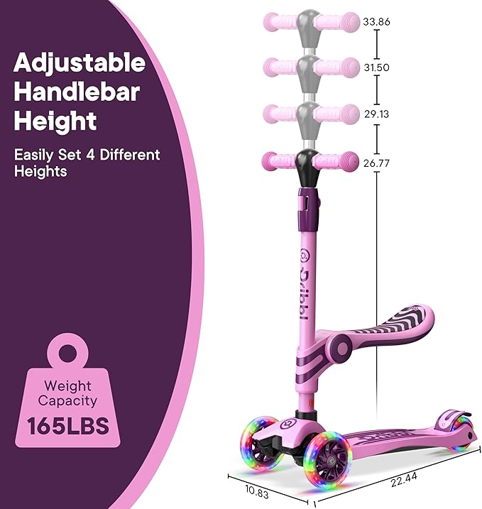 Pink & Purple 3 Wheel Scooter with Seat for Kids – Light-Up LED Wheels, Adjustable Handlebar and Seat, Smooth PU Wheels, Wide Anti-Slip Deck, Rear Foot Brake – Toddler Outdoor Toys for Ages 2+