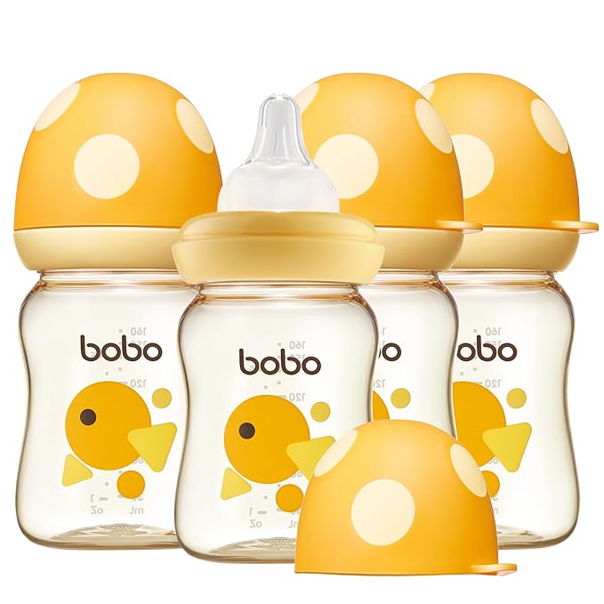 YOHKOH PPSU Baby Bottle Wide Neck, Newborn Anti-Colic Baby Bottle with Natural Response Nipple, Streamlined Body, Easy to Clean (5.4oz (Pack of 4), Yellow)