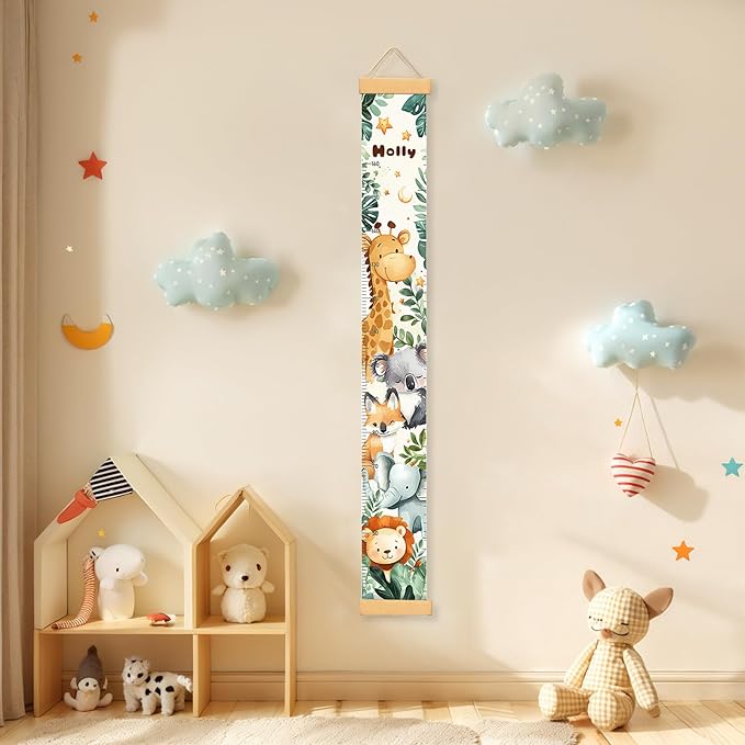 Personalized Name Baby Growth Height Chart Handing Ruler Wall Decor for Kids, Animals Canvas Removable Height Growth Chart, Nursery Decor, Toddler Kid Room Decoration, Hangable