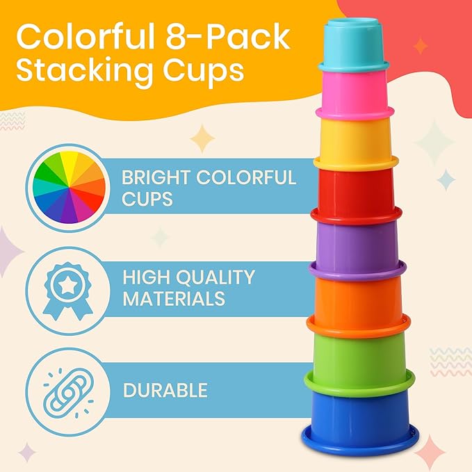 Stacking Cups Baby Toy Educational Cup Stacking Set 8-Pc Stackable Cups with Number Rainbow Nesting Cups for Babies 6-12 Months Stacking Cups for Toddlers 1-3 Perfect for Indoor/Outdoor
