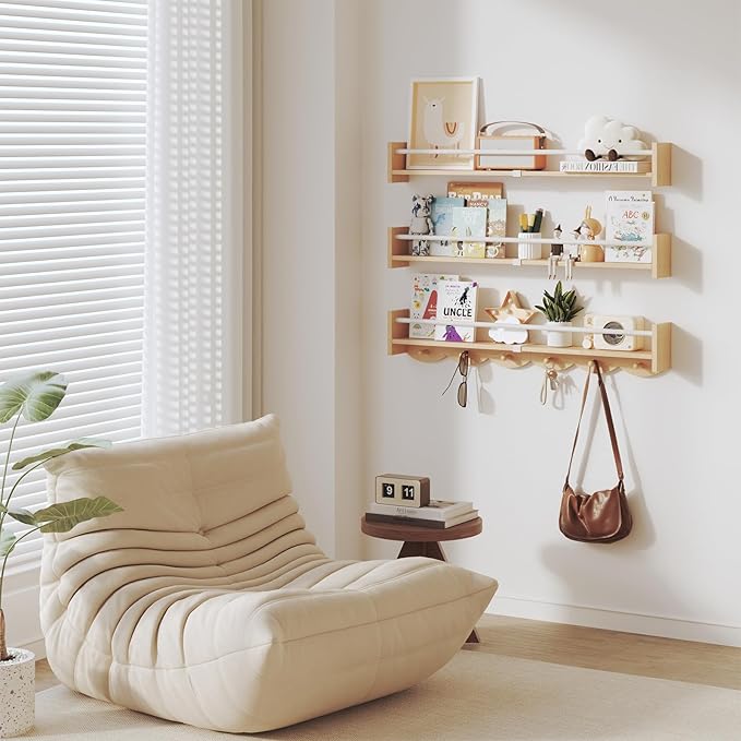 Nursery Bookshelves Wall Mounted，34inch，Set of 3, Floating Shelf Kids Coat Rack with 6Hooks,Hanging Shelf for Baby Nursery Room Décor, Patent Number: 29924445,Burlywood