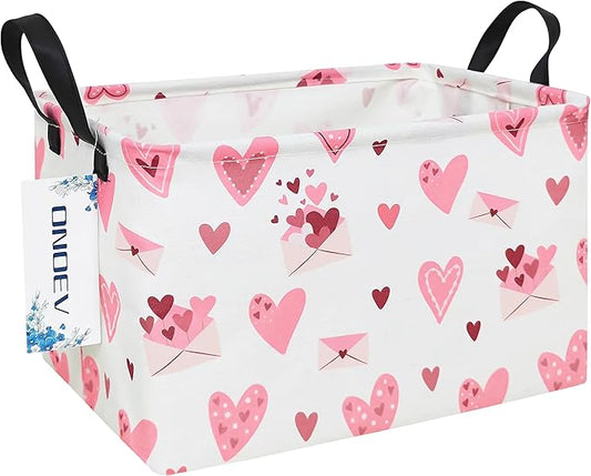 Rectangular Folding Laundry Basket,waterproof Canvas Basket,gift basket,Suitable for children's room,Office,Clothes,Toys Storage(Pink Love)