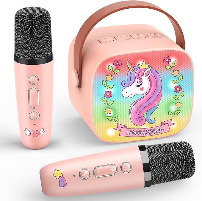 Unicorn Mini Karaoke Machine Toys: Kids Toys Girls Birthday Gifts Age 3-12+ LED Portable Bluetooth Speaker with 2 Wireless Microphone Gift Toy for 4 5 6 7 8 9 Years Old Girl Boy Kid Adult