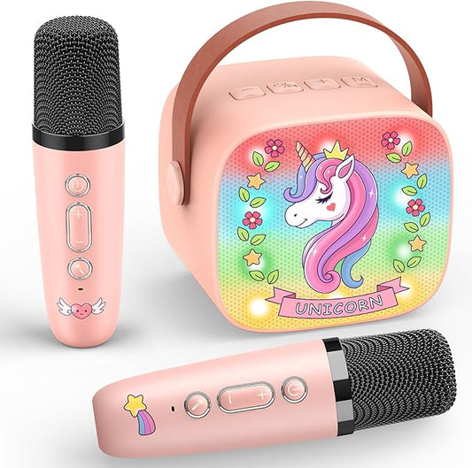 Unicorn Mini Karaoke Machine Toys: Kids Toys Girls Birthday Gifts Age 3-12+ LED Portable Bluetooth Speaker with 2 Wireless Microphone Gift Toy for 4 5 6 7 8 9 Years Old Girl Boy Kid Adult