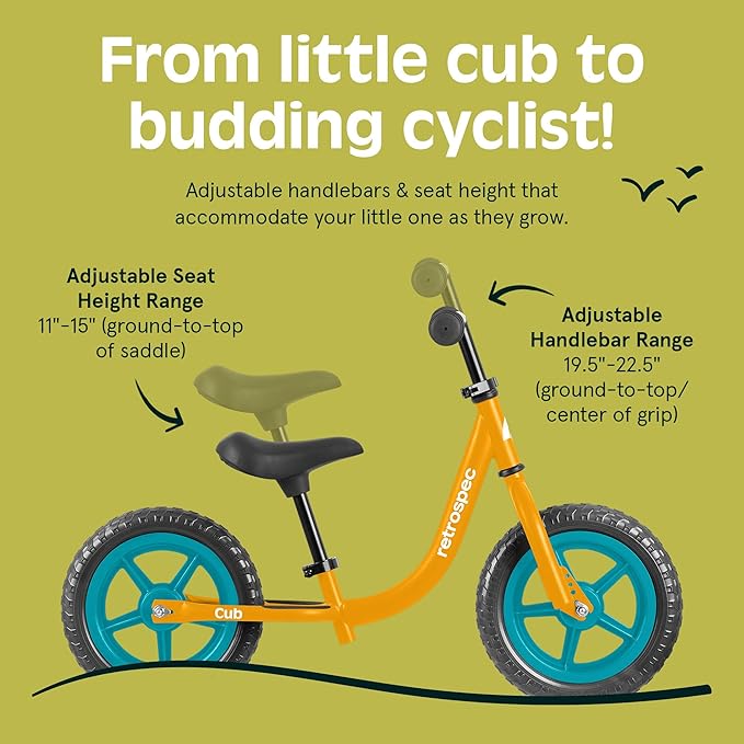 Retrospec Cub Toddler 12" Balance Bike, 18 Months - 3 Years Old, No Pedal Beginner Kids Bicycle for Girls & Boys, Flat-Free Tires, Adjustable Seat, & Durable Frame