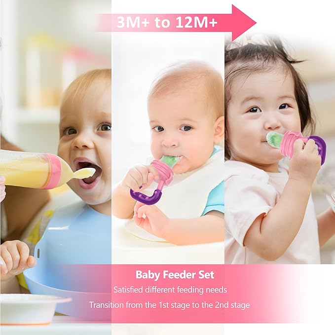 WAJIAYON Baby Fruit Feeder Pacifier - 6 Pack | 2 Infant Food Feeder Pacifier & 2 Baby Food Dispensing Spoon | Fresh Fruit Teethers for Babies | Silicone Feeder Babies,Infant Teething Feeders (Pink)
