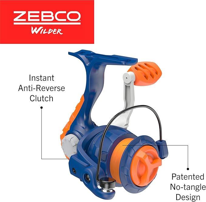 Zebco Wilder Fishing Reel and Rod Combo, 4'3" Durable Fiberglass Rod with Built-In Carabiner, Patented No-Tangle Reel, Pre-Spooled with 6-Pound Zebco Cajun Fishing Line, Blue/Orange
