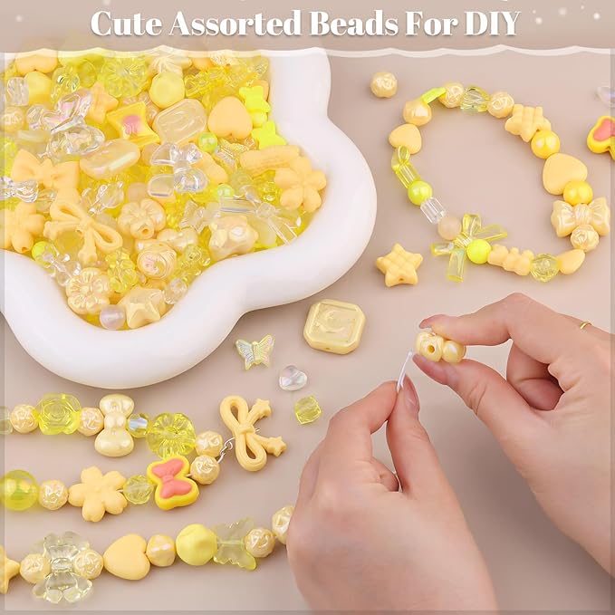 Assorted 170-230PCS Yellow Acrylic Beads for Bracelet Making, Flower Bow Butterfly Candy GummyBear Aesthetic Bracelet Charms,Cute Beads for Jewelry Making DIY Necklace Keychain Phone Charm