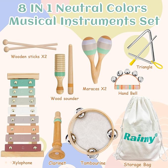 Raimy Musical Instruments Set - Neutral Colors Wooden Montessori Toys Percussion Music Modern Boho Xylophone Birthday Gifts for 1 2 3 Year Old Kids Baby Toddlers Boys Girls 3+ with Storage Bag