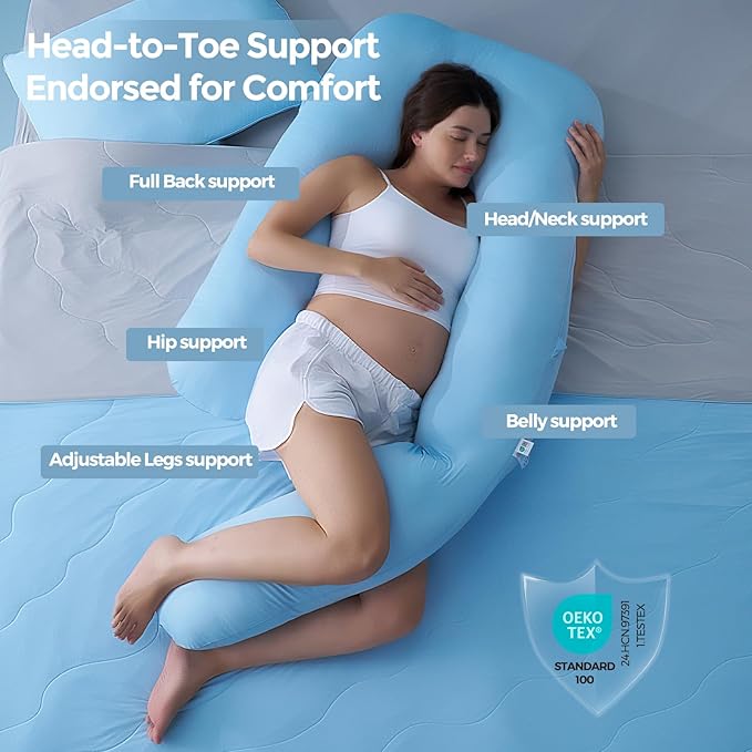 Momcozy Pregnancy Pillow with Cooling Cover, Dreamlign U Pro Maternity Pillow with Adjustable Leg Pillow - Support for Back, HIPS, Belly, Legs for Pregnant Women, 50-72 Inch, Bule