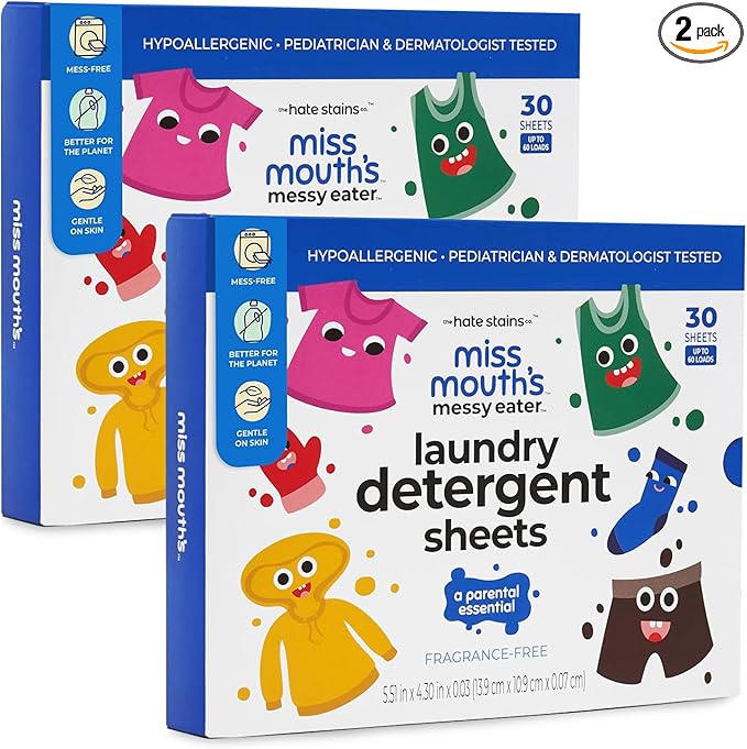 Miss Mouth's Messy Eater Laundry Detergent Sheets - Laundry Detergent, Hypoallergenic, Sensitive Skin Safe, Pediatrician and Dermatologist Tested, Fragrance Free, Travel Friendly, 120 loads