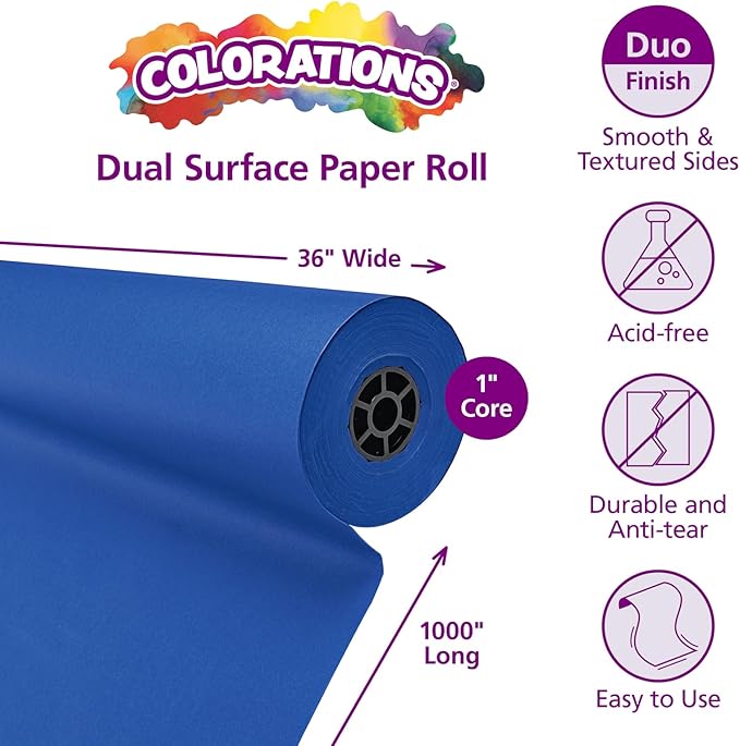 Colorations Arts and Crafts Paper Roll - 36" x 1000', Royal Blue, Dual Surface, Markers, Finger Paints, Painting, Watercolors, Acrylic Paints, Wall Art, Bulletin Board Paper, Kids Crafts (Item # DSRB)