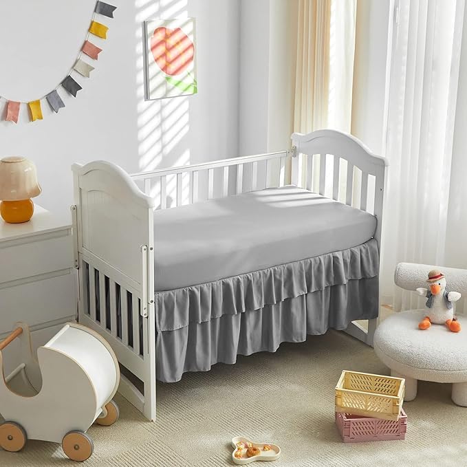 Mini Crib Bedding Set 3 Pieces Baby Boho Quilted Tufted Ruffles Comforter with Fitted Sheet and Ruffled Bed Skirt - Cute Shabby Baby Bedding Fits Mini Crib Only Gray