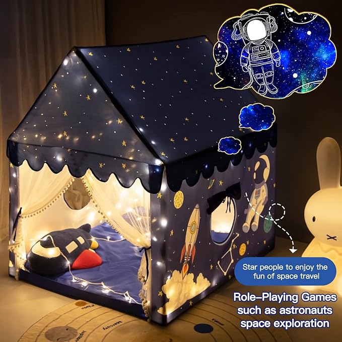 Kids Play Tent Playhouse Indoor Tent for Kids Boys Toddler, Large Castle Play House Bed Tents Spaceship Outer Space Rocket Blue