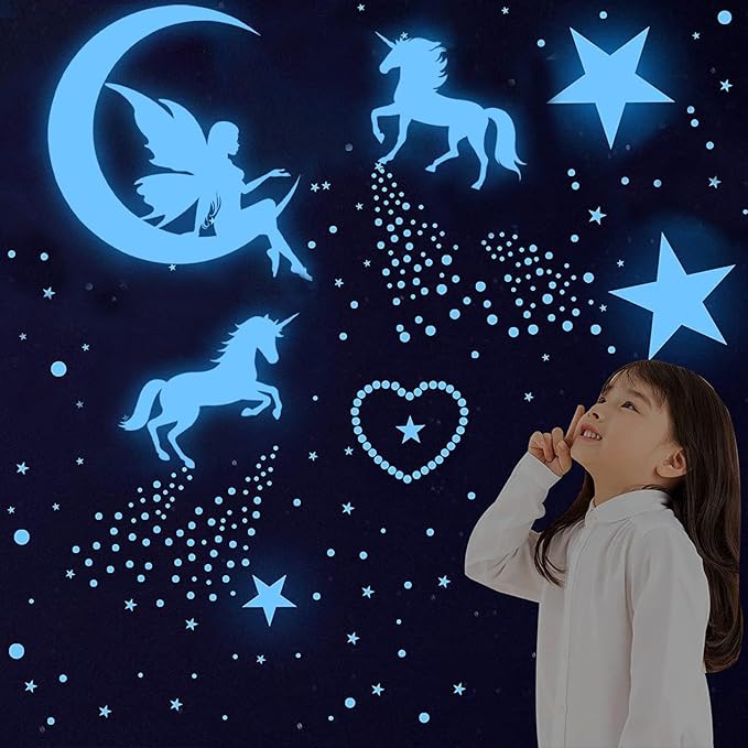 Glow in The Dark Stars for Ceiling,Unicorn Wall Decals Stickers Wall Decor for Girls Bedroom Luminous Glow Unicorn Stars Planet Ceiling Stickers for Baby Boys Kids Playroom Living Room Nursery