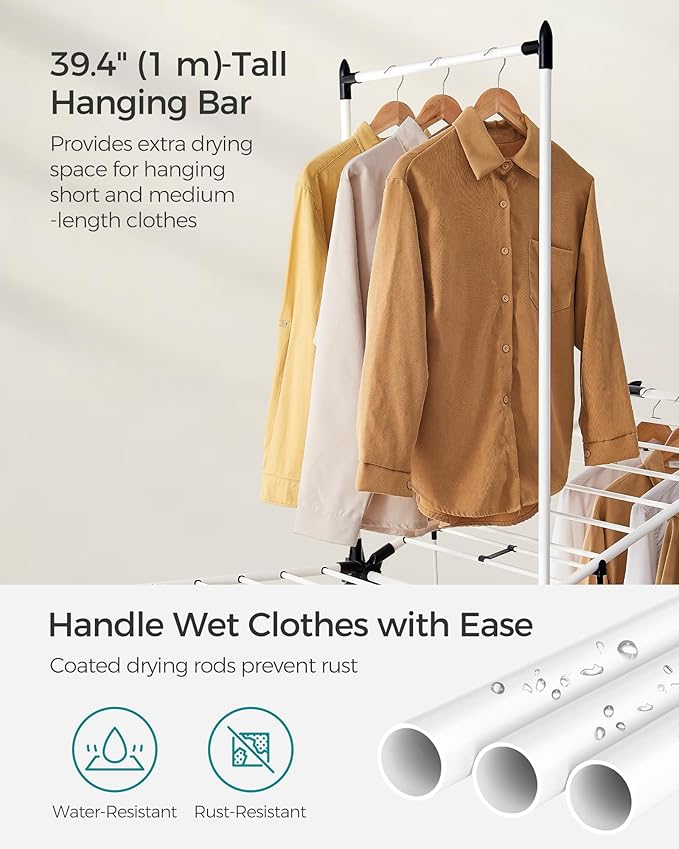 SONGMICS Clothes Drying Rack, Foldable 2-Level Laundry Drying Rack, Free-Standing Airer, 1 Additional Tall Hanging Bar, 2 Height-Adjustable Wings, 24 Drying Rails, Space Savng, Simply White ULLR521W01
