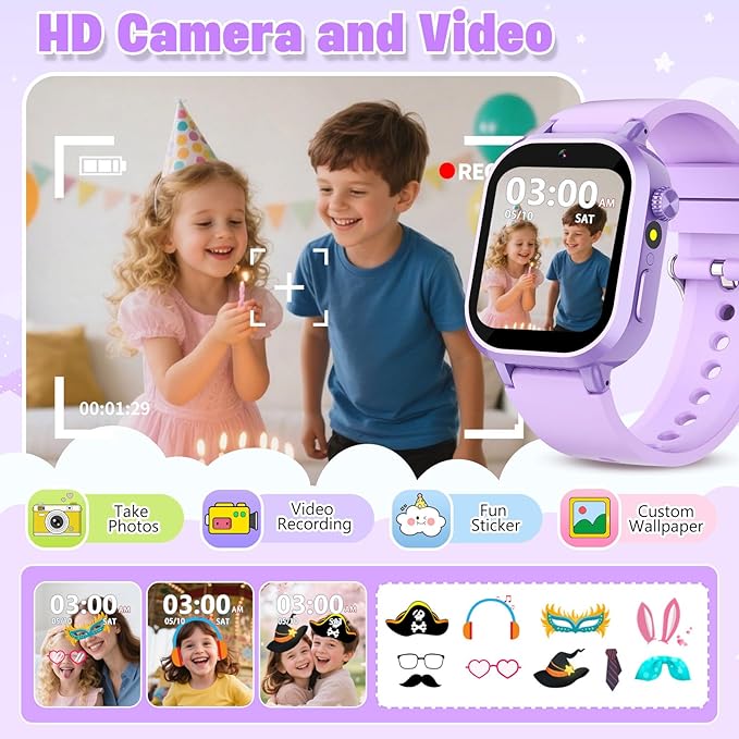 Kids Waterproof Smart Watch Girls Gift Age 3-12 with 39 Game HD Touch Screen Music Player Video Camera Pedometer Alarm Clock Toys Birthday Gifts for 6 7 8 9 Year Olds Purple