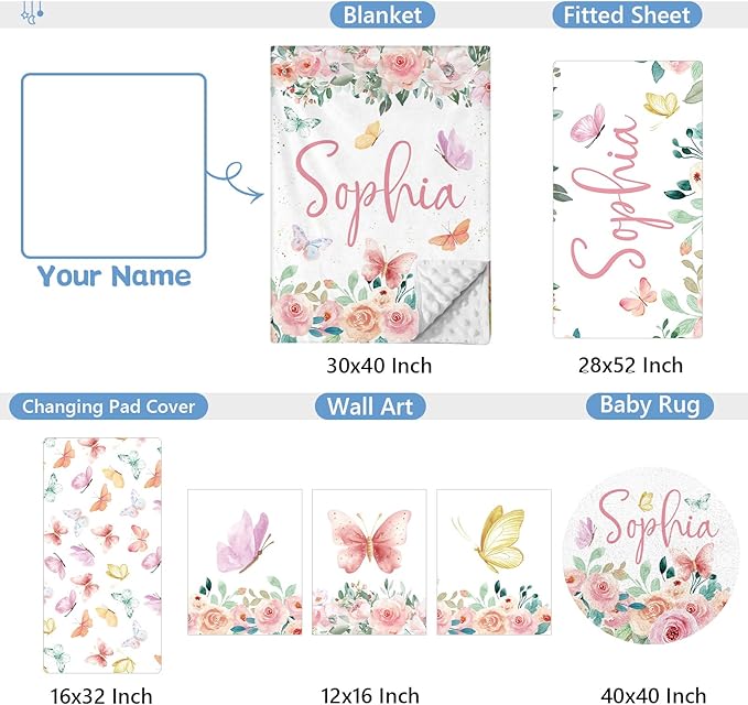 Personalized Baby Crib Bedding Set, 5 Pcs Custom Baby Crib Sets with Name, Double Layer Butterfly Nursery Bedding Set for Girls, Soft Flannel Baby Bedding Set, Toddler Infant Customized Gift