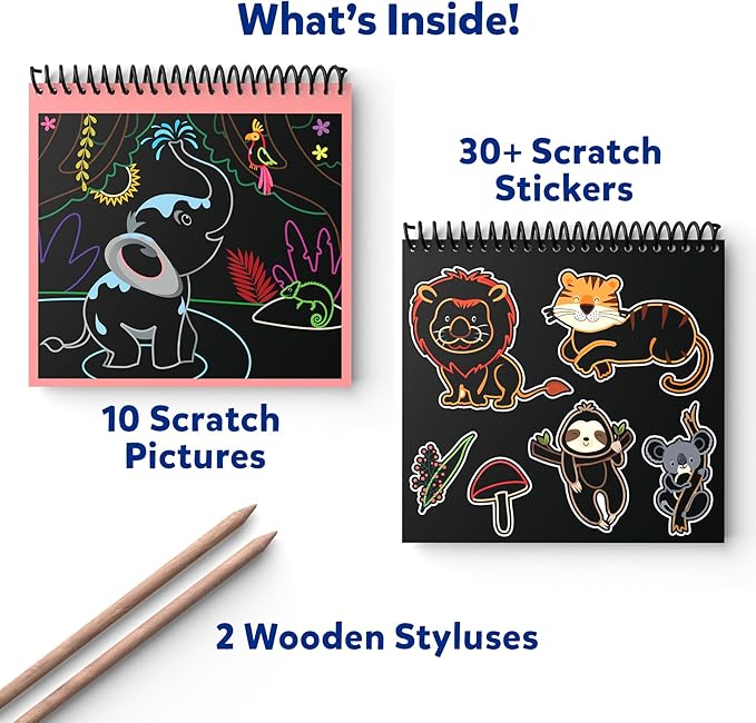 Skillmatics Scratch Art Book for Kids - Animals, Craft Kits & Supplies, 30+ Scratch Stickers, Travel Toys, DIY Kit, Gifts for Boys & Girls Ages 3, 4, 5, 6, 7, 8
