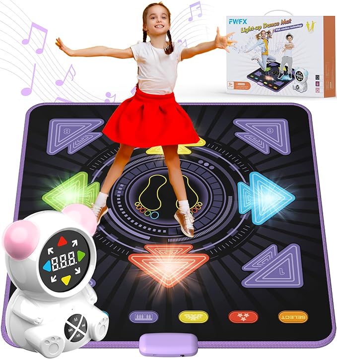 FWFX Dance Floor Games Mat for Kids, Rechargeable Light up Electronic Exercise Toy with Bluetooth for Boys and Girls, Ideal Christmas and Birthday Gift for Kids Ages 3 to 12 (Multicolored)