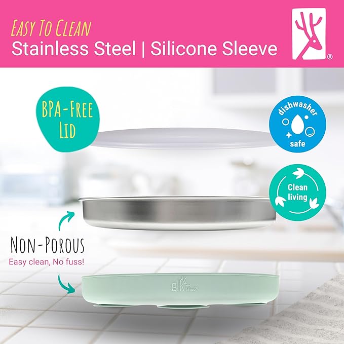 Elk and Friends Stainless Steel Divided Plates with Silicone Sleeve for Babies & Toddlers | Lids Included | Stay Put Suction | Dinner & Snack Plates | 4 Pack