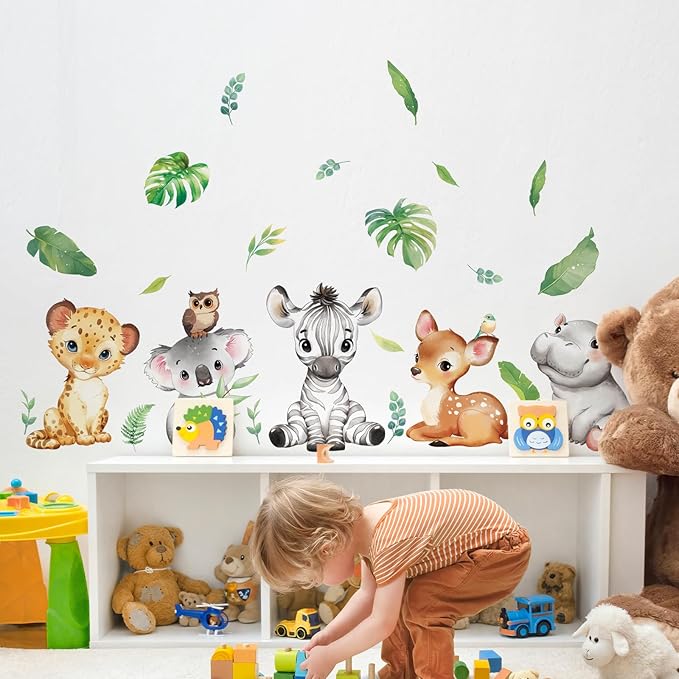 Tanlaby Jungle Animals Wall Stickers Cartoon Woodland Animal Wall Decals Zebra Forest Peel and Stick Art Sticker for Baby Nursery Kids Bedroom Playroom Daycare Classroom Decor