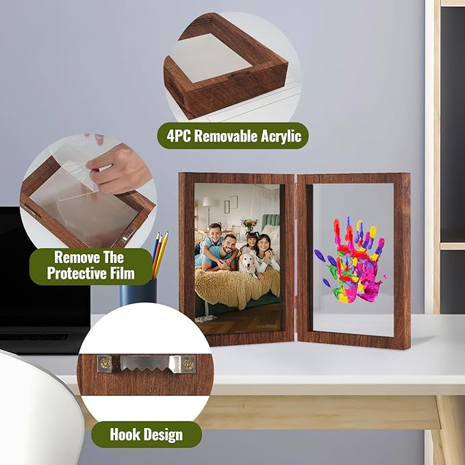 Family Handprint Kit, DIY Baby Hand and Footprint Handmade Keepsake Wooden Frame, Family Gifts with 5 Non-Toxic Baby-Safe Paint, Ideas Gift for New Parents Couple Friends