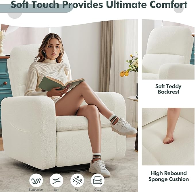 Swivel Rocker Recliner, Oversized Boucle Glider Recliner Nursery, Manual Swivel Rocking Reclining Chairs with Removable Cushion and Lumbar Support for Nursery Living Room Bedroom, Teddy White