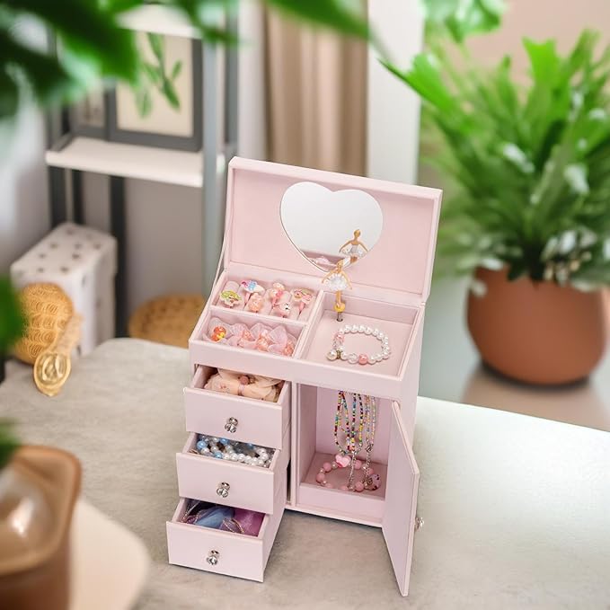 Vlando Musical Jewelry Box with Spinning Ballerina, Girls’ Jewelry Organizer for Necklaces Rings and Hair Accessories, Gift for Girls and Kids, Barely Pink