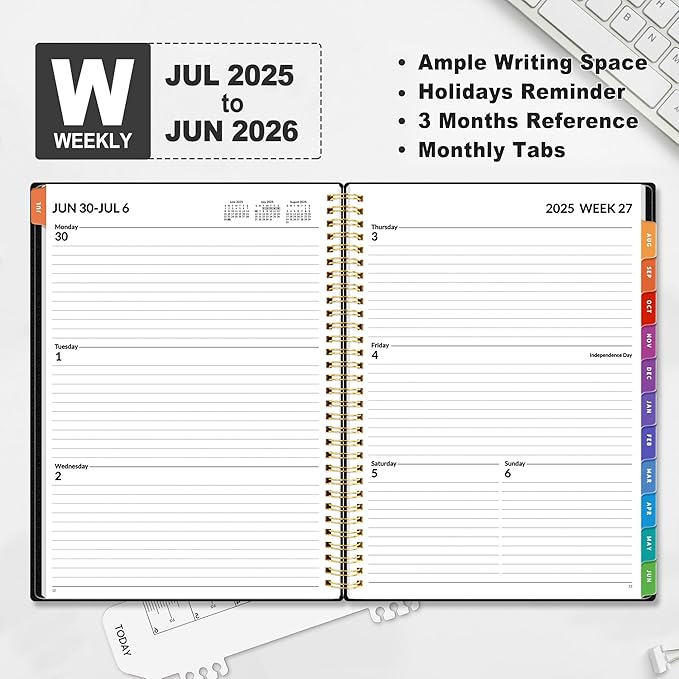 SUNEE Academic Planner 2025-2026 Weekly and Monthly, July 2025-June 2026, 8.5"x11", Tabs, Note Pages, Pockets, Bookmark, Flexible Cover, Spiral Binding, Black