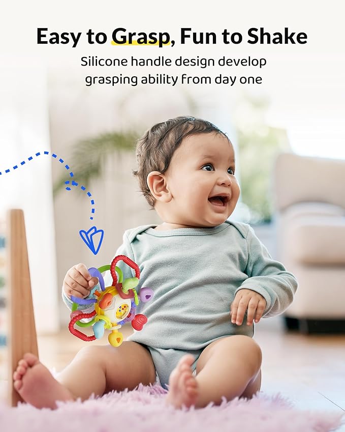Baby Montessori Sensory Teething Toy – Safe, Multi-Functional BPA-Free Silicone Teether Toy for Babies 0-12 Months – Vibrant Rattle for Teething Relief & Fun Play – Perfect Baby Toys for Boys & Girls