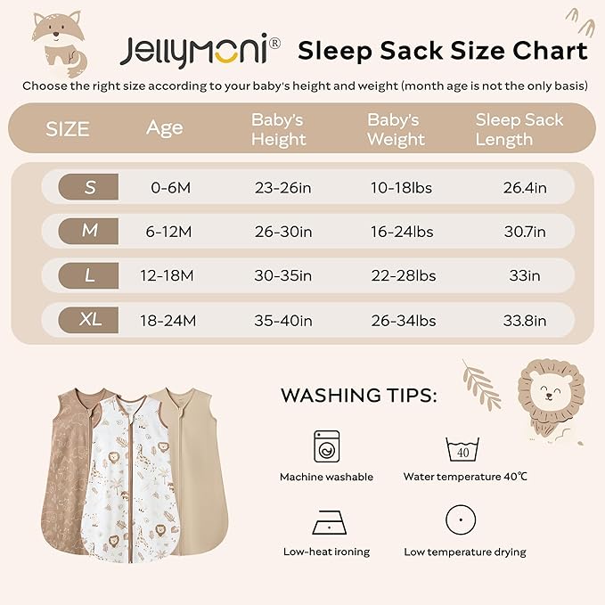 JELLYMONI Baby Sleep Sack 12-18 Months 0.5 Tog Wearable Blanket for Baby, 100% Cotton 3 Pack Infant Toddler Sleeping Sack Lightweight Soft 2-Way Zipper Sleepsack