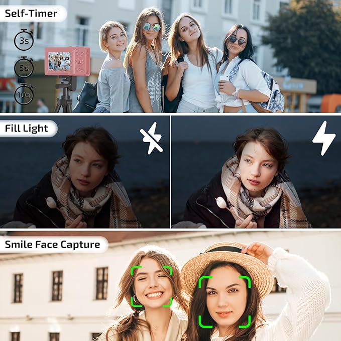 Upgrade Digital Camera, FHD 4K 44MP Autofocus Digital Point and Shoot Video Camera with 16X Zoom, 32GB SD Card, Compact Digital Camera Cheap for Teens Boys Girls Kids Pink Camera