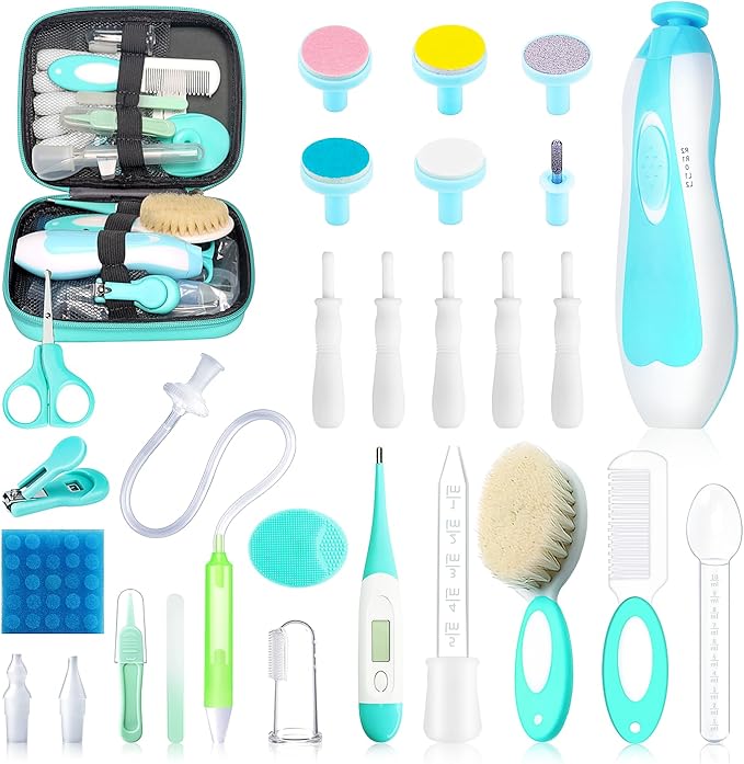 Baby Healthcare and Grooming Kit, 28 in 1 Portable Baby Essentials Kit Electric Nail Trimmer Set with Gas Relief Hair Brush Comb Nasal Aspirator for Newborn Boys Girls (Green)