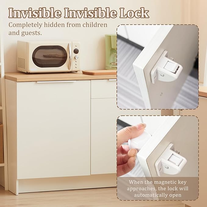 Magnetic Cabinet Locks for Baby Safety, Children Proof Cupboard Drawers Latches, Safe & Easy Install, Multi-Purpose Adhesive No Need for Screws or Tools(6 locks and 1 Key)