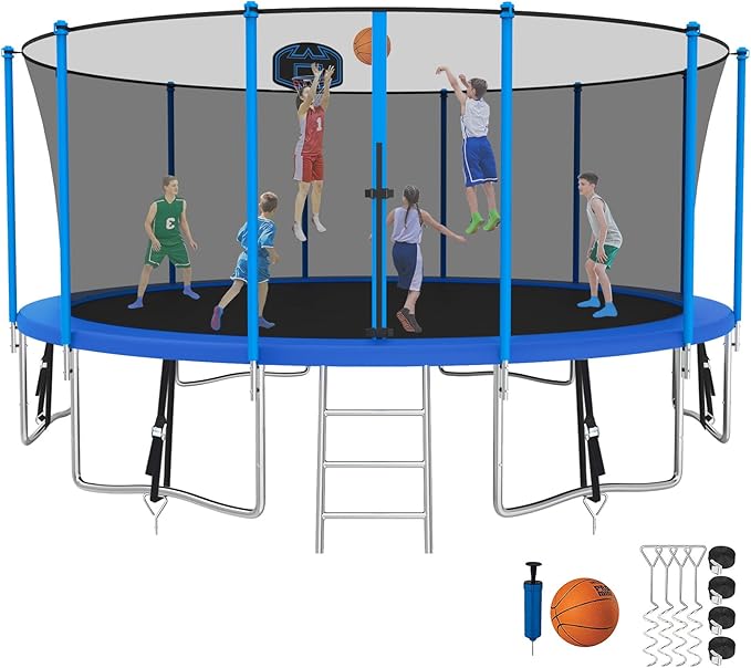 SKYUP Tranpoline 1500LBS 16 15 14 12 10 8 FT Tranpoline for 7-10 Kids and Adults, Windproof Outdoor Tranpoline with Enclosure Net, Basketball Hoop, Easy to Install & Last Long - ASTM Approved