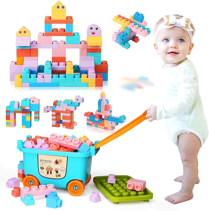 Large Particle Soft Building Block Toys with Storage Box with pull rods for Toddler Aged 18 Months to 6 Years old.Preschool Toys Suitable for Kindergarten, Parent-child Interaction etc(81P)