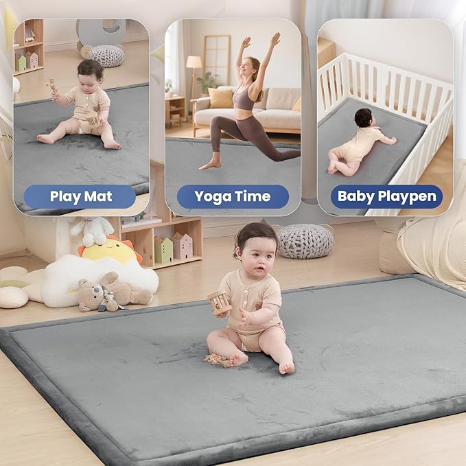 Baby Play Mat for Floor,1.3" Thick Memory foam Tummy Time Mat,79"×158“ Extra Large Soft Velvet Nursery Rug,Non Slip Safe for Crawling,Toddlers,Infants,kids,Tatami Style for Living Room(Dark Grey)