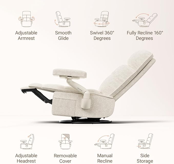 Nursery Swivel Glider Recliner Chair with Adjustable Armrests & Headrest, Rocking Chair Nursery with Removable Cover for Breastfeeding, FSC & Oeko-TEX Certified, Beige