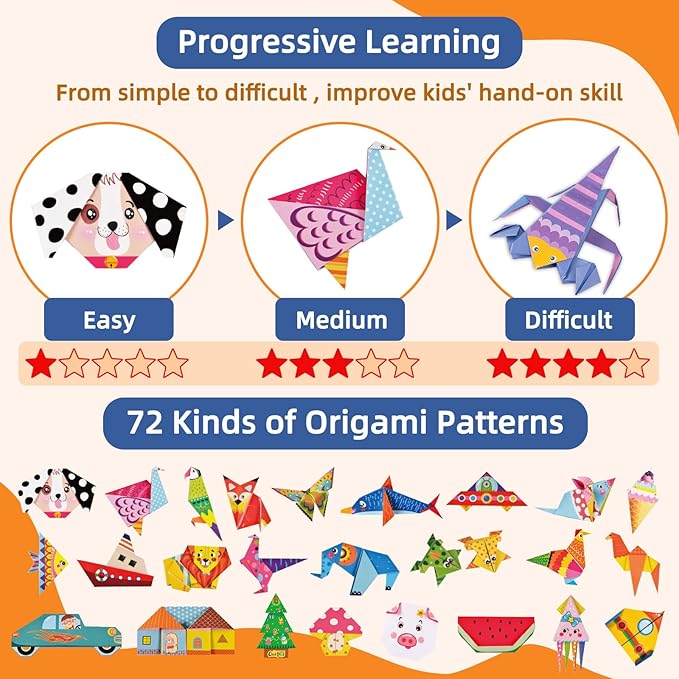 Origami Paper Kit for Kids Ages 5-8 8-12,152 Sheets Origami Paper - 72 Double Sided Patterns with Instructional Book,DIY Art Craft Projects,Travel Game Activity,Gift for Boys Girls Beginners