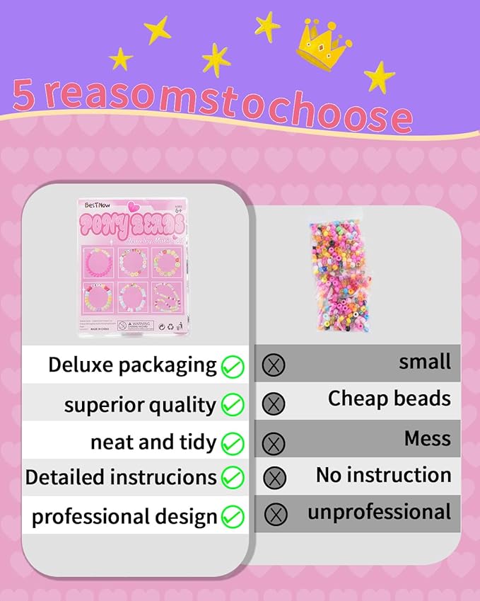 BestNow Bracelet Making Kit Beads for Bracelets Pony Beads Polymer Clay Beads Smile Face Beads Letter Beads for Jewelry Making DIY Arts and Crafts Gifts Toys for Girls Age 6-12